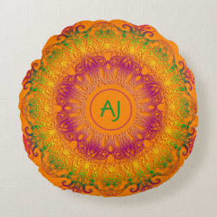 Coussins Ronds Mandala Monogram.arrière - plan orange. Tour P