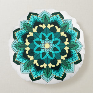 Coussins Ronds Mandala Motif 02 en aqua