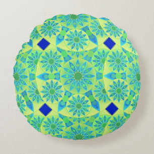Coussins Ronds Mandala motif, turquoise, bleu, vert citron