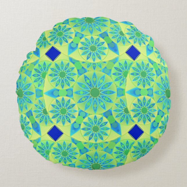 Coussins Ronds Mandala motif, turquoise, bleu, vert citron (Devant)