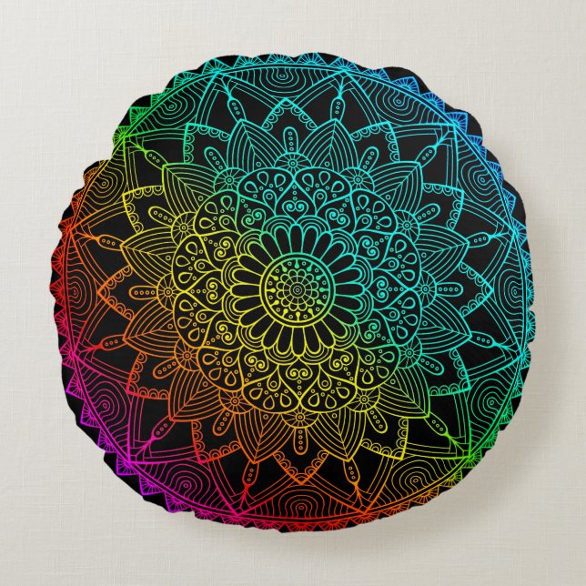Coussins Ronds Mandala noir arc-en-ciel (Devant)