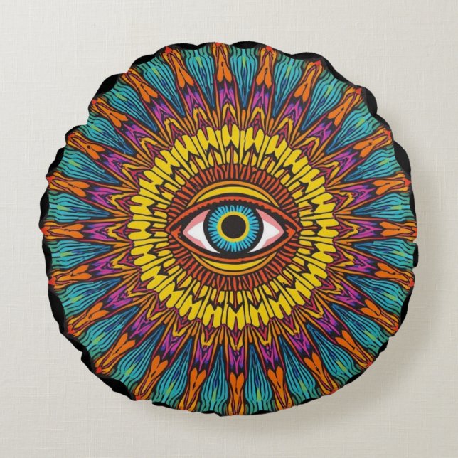 Coussins Ronds Mandala Rétro 90 | Graphisme Psychédélique du Troi (Devant)