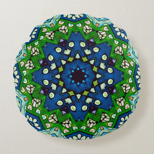 Coussins Ronds Mandala Retro Mosaic Vert Motif bleu (Devant)
