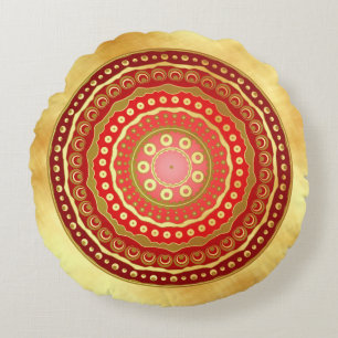 Coussins Ronds Mandala Rouge Points Dorés sur Fond Doré Clair
