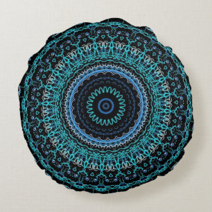 Coussins Ronds Mandala turquoise et noir