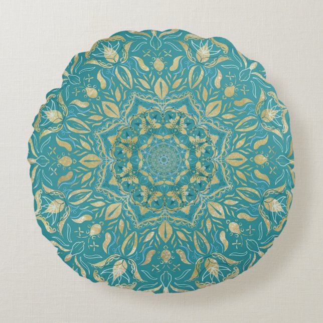Coussins Ronds Mandala Turquoise et or par Tina Donovan (Devant)