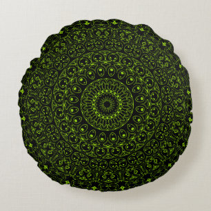 Coussins Ronds Mandala Vert Chartreuse avec une Symétrie Audacieu