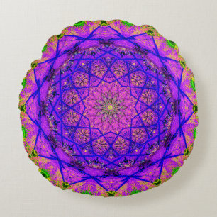 Coussins Ronds Mandala vert et violet lumineux