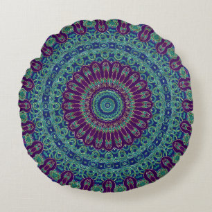 Coussins Ronds Mandala violet, bleu et vert