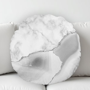 Coussins Ronds Marbre Blanc Agate Grise Paillettes Argentées