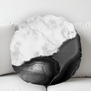 Coussins Ronds Marbre Blanc Agate Noire Paillettes Argentées