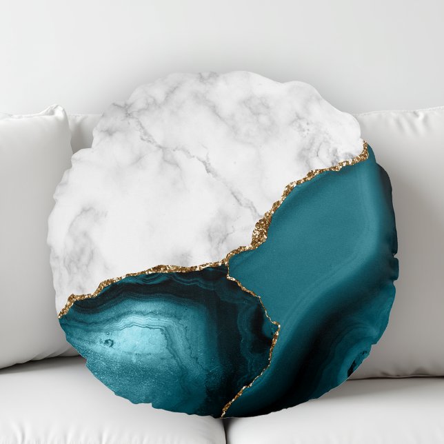 Coussins Ronds Marbre Blanc Agate Sarcelle Doré (Créateur téléchargé)