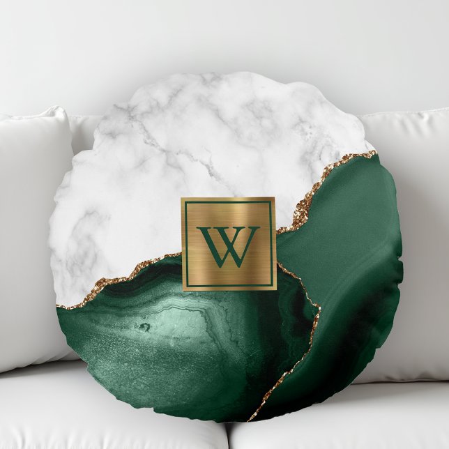 Coussins Ronds Marbre Blanc Doré Monogramme Agate Vert Emeraude (Créateur téléchargé)