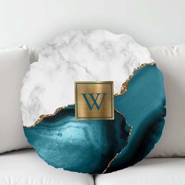 Coussins Ronds Marbre Blanc Monogramme Agate Sarcelle Doré (Créateur téléchargé)