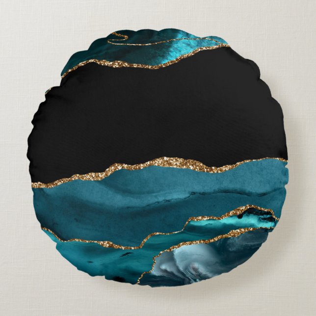 Coussins Ronds Marbre Bleu Agate Glamour Glitters Dorés Noirs (Devant)