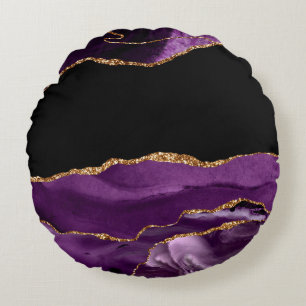Coussins Ronds Marbre Noir Violet Agate Glam Pailleté Doré
