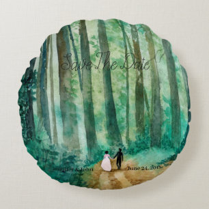 Coussins Ronds Mariage Aquarelle paysage boisé peint à la main