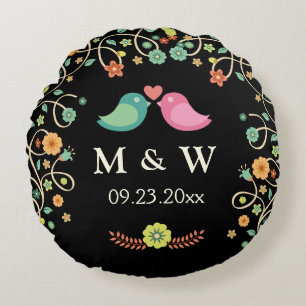 Coussins Ronds Mariage élégant Monogramme Floral Inséparables Cou