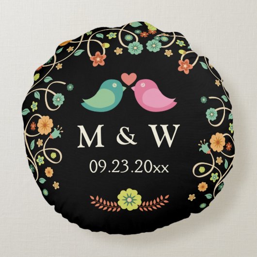 Coussins Ronds Mariage élégant Monogramme Floral Inséparables Cou (Dos)