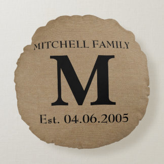 Coussins Ronds Mariage initial rustique de toile de jute de toile