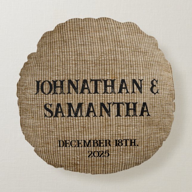 Coussins Ronds Mariage personnalisé rustique burlap motif nature (Devant)