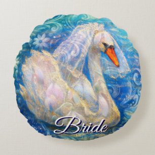 Coussins Ronds Mariée de cygne avec voile sur eau bleu blanc pers