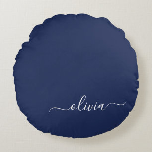 Coussins Ronds Marine Bleu Blanc moderne Script Girl Monogramme N