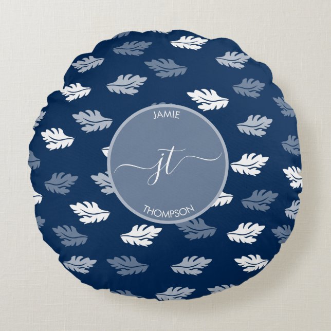 Coussins Ronds Marine Blue Antique Feuille Motif Monogramme (Devant)