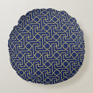 Coussins Ronds Marine Blue & Faux Gold Motif de mosaïque marocain