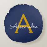 Coussins Ronds Marine Blue Gold Modern Script Girl Monogramme Nom<br><div class="desc">Marine Bleu et or Simple Script Monogramme Nom Pouf Coussin. La coussin fait le cadeau parfait pour 16 ans,  mariage,  douche nuptiale,  baby shower ou bachelorette pour quelqu'un décorant sa chambre en or rose.</div>