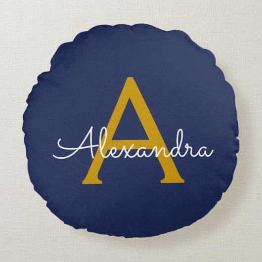 Coussins Ronds Marine Blue Gold Modern Script Girl Monogramme Nom (Devant)