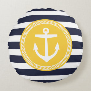 Coussins Ronds Marine et Jaune Preppy Nautical Stripes et Ancre