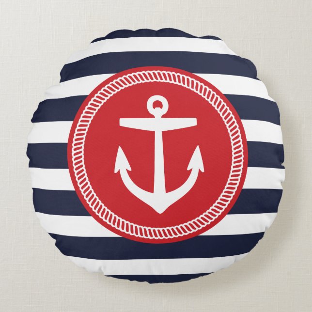 Coussins Ronds Marine et Red Nautical Stripes et Ancre (Devant)