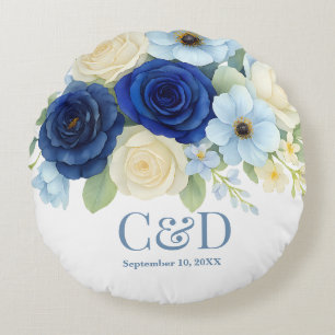 Coussins Ronds Marine Royal Bue Mariage Aquarelle couleur ivoire