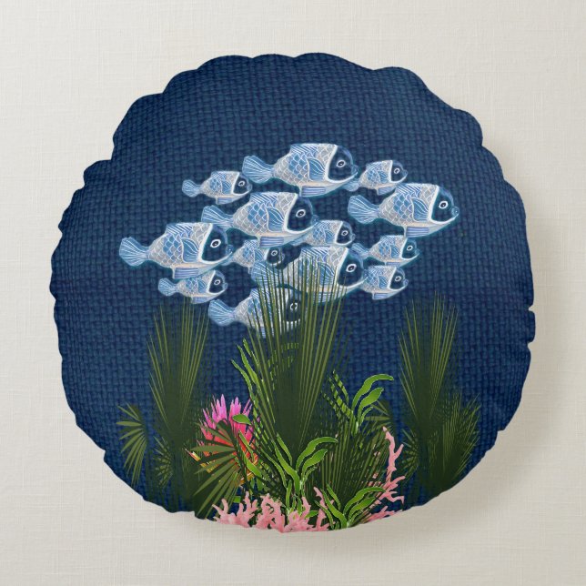Coussins Ronds Marine Texté, Poisson, Corail Rose (Devant)