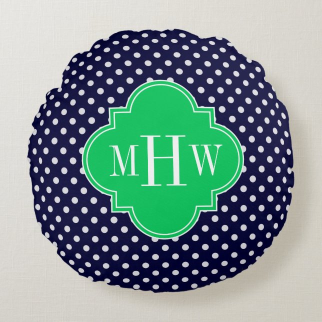 Coussins Ronds Marine White Polka Dot Emerald Quatrefoil 3 Monogr (Devant)