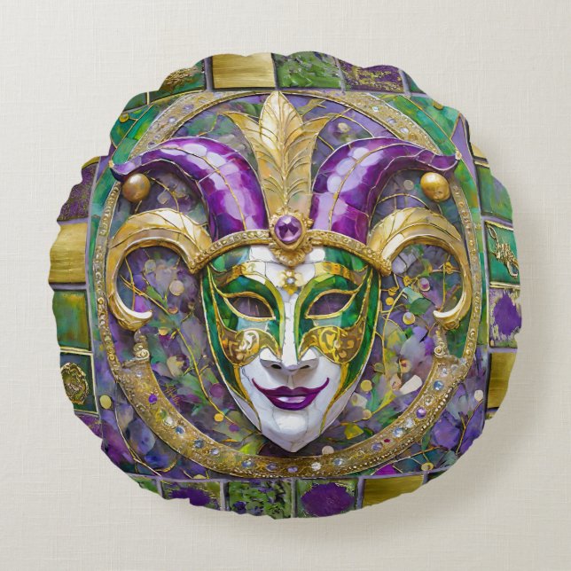 Coussins Ronds Masque Mardi Gras Jester Vert Or (Devant)
