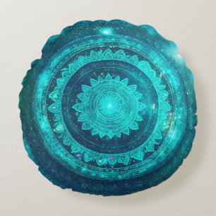 Coussins Ronds Méditation de Mandala Turquoise du Chakra de la Go