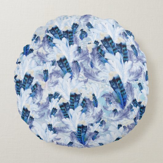 Coussins Ronds Mélange exotique Plumes d'oiseaux bleus Imprimer (Devant)