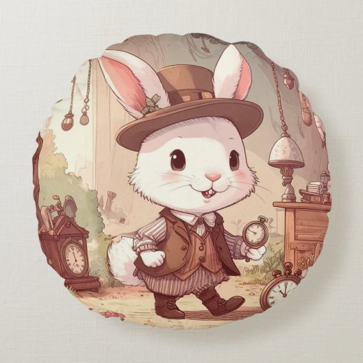 Coussins Ronds Mélange White Rabbit Wonderland Whimsical Timekeep (Devant)