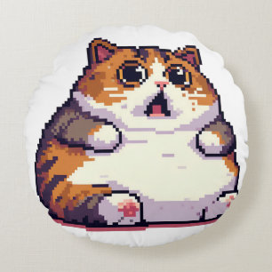 Coussins Ronds Mème de chat gras orange choqué pixel art