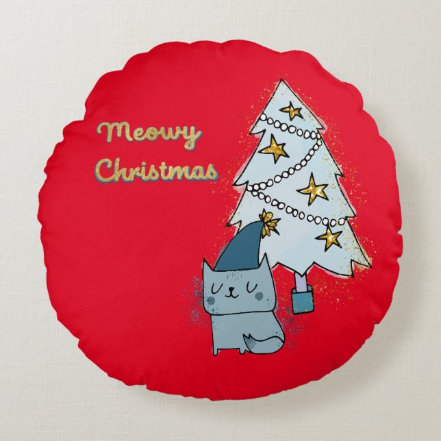 Coussins Ronds Meowy Christmas Chat and Tree (Devant)
