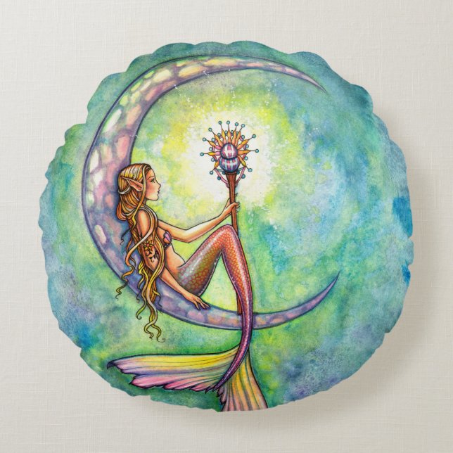Coussins Ronds Mermaid Moon Imaginaire Art par Molly Harrison (Devant)
