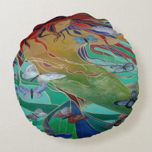 Coussins Ronds Mermaid Nage avec Papillons Imaginaire Art