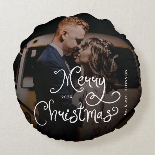 Coussins Ronds Merry Christmas Whimsical Script  Custom Photo  (Dos)