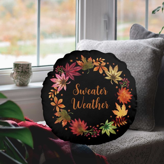 Coussins Ronds Météo Sweather Automne Feuilles D'Automne (Sweather Weather Autumn Fall Leaves Wreath Round Pillow)