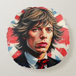 Coussins Ronds Mick Jagger Rolling Stones devant un Union Jac