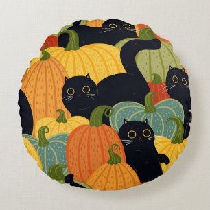 Coussins Ronds Mignon chat noir et citrouille Halloween sans cout