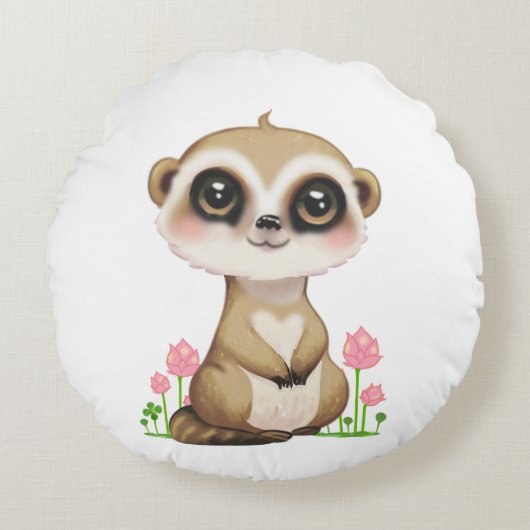 Coussins Ronds Mignon suricate et fleurs sur fond blanc (Devant)