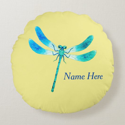 Coussins Ronds Mignonne comme Bleu Boeuf Dragonfly vert sur Jaune (Devant)